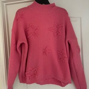 She + Sky Pink Star-Texture Mock Neck Sweater